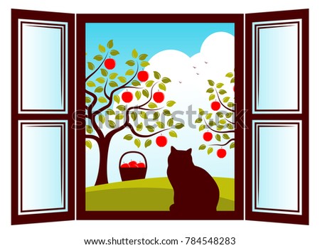cats on appletrees vector cat in the window and apple trees outside columnar cats on appletrees vector cat in the window and apple trees outside columnar