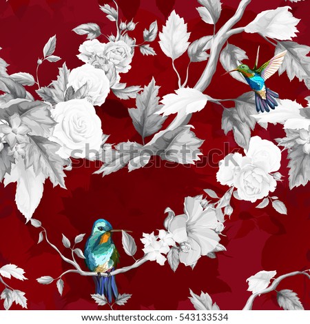 Humming bird, roses, peony with leaves on deep rich red. Watercolor. Seamless background pattern. Vector - stock.