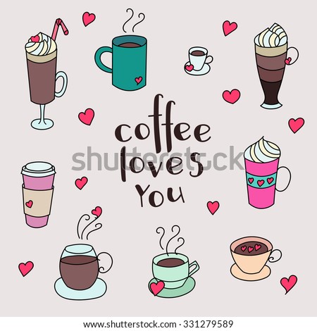 Coffee Cups Colorful Cute Vector Set Hand Drawn For Textile Or Wrapping Coffee Cups Colorful Cute Vector Set Hand Drawn For Textile Or Wrapping