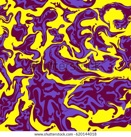 Abstract seamless pattern. Spots by the type of marble. Bright purple isolated on white yellow background.