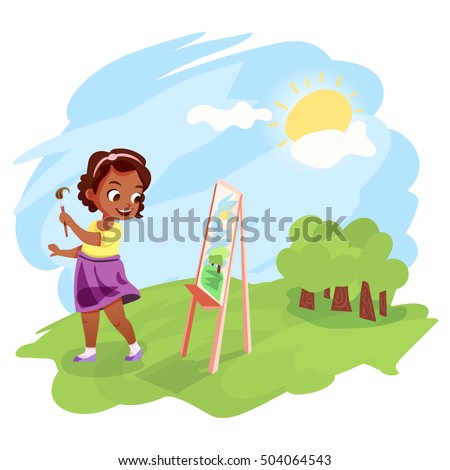 cute little african american girl painting an image on easel outdoors kids hobby cartoon illustration - Painting Pictures For Kids cute little african american girl painting an image on easel outdoors kids hobby cartoon illustration - Painting Pictures For Kids