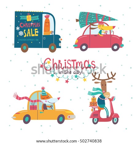 Christmas in the city. Part 1. Vector collection of cartoon characters. Cute animals are going by cars. The hustle and bustle of the city.