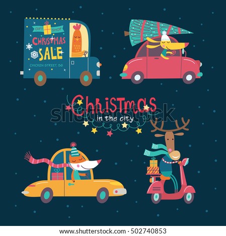 Christmas in the night city. Part 1. Vector collection of cartoon characters. Cute animals are going by cars. The hustle and bustle of the city.