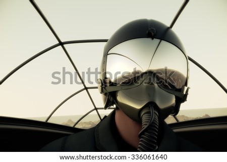 Pilot Wearing Mask And Helmet In Cockpit Of Fighter Jet.