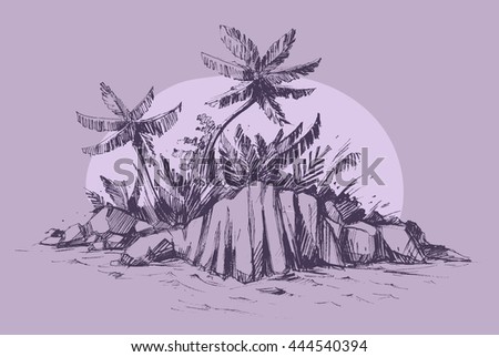 Paradise island with palms and stones. Vector sketch.