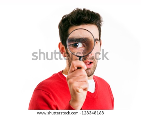 Funny Young Man Looking Through Magnifying Stock Photo 91454810 ...