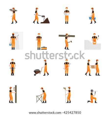 Construction worker man in helmet isolated on white background, character flat icons set vector illustration.