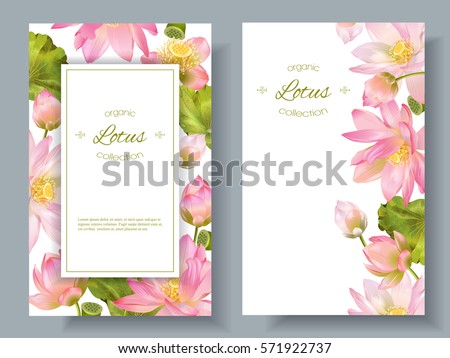 Vector botanical vertical banners with pink lotus flowers. Design for natural cosmetics, health care and ayurveda products, yoga center. Can be used as greeting card or wedding invitation