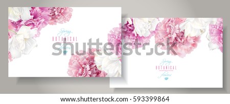 Vector horizontal banners with pink peony and white tulip flowers on white background. Romantic design for natural cosmetics, perfume, women products. Can be used as greeting card, wedding invitation