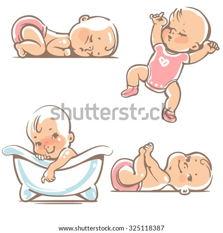 Set of cute baby girls. 0-12 months. Various poses. First year activities. Sleeping positions, on stomach, on back, legs in hands. Swimming in bath. Vector Illustration isolated on white background