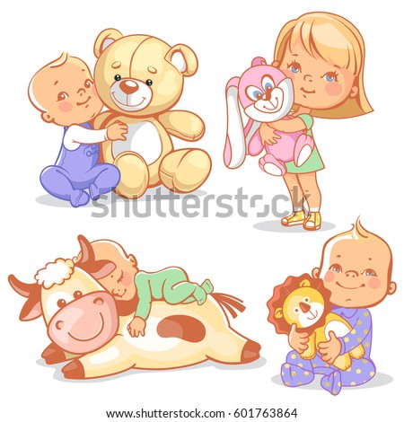cute kids with plush toys. Boy hold teddy bear. Baby sleep on big toy cow. Happy girl play with soft toy rabbit. Toddler with plush lion friend.