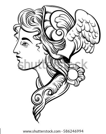 Vector illustration of Hermes. Hand drawn artwork with portrait of Hermes with wings and decorative elements. Template for card, poster, banner, print for t-shirt.
