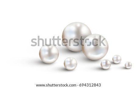 Pearl background with many small and big white shiny nacreous pearls isolated on white background - space for your text