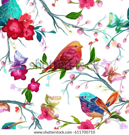 Vintage Seamless pattern: bird, butterfly and flower, leaf, branch, isolated on background. Imitation of embroidery, watercolor. Hand drawn vector illustration, separated editable elements.