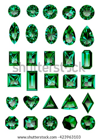 Set of realistic green jewels. Colorful green gemstones. Green emeralds isolated on white background. Princess cut jewel. Round cut jewel. Emerald cut jewel. Oval jewel. Pear jewel . Heart cut jewel.
