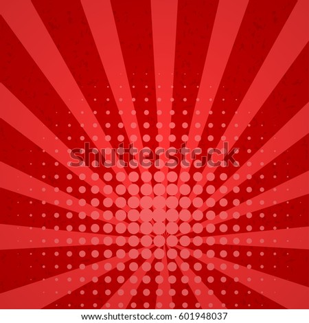 Colored halftone background retro vector illustration. Sunbeam dot vintage blank backdrop for comic letter, word, phrase. Pop art comic text empty template. Red color.