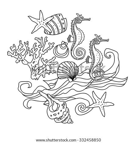 Adult Coloring Page Seashells Seahorse Starfish Stock Vector 469119239 ...