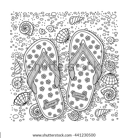 Coloring Book For Adult Sea Beach Slippers Sand And Shell Flip Flop