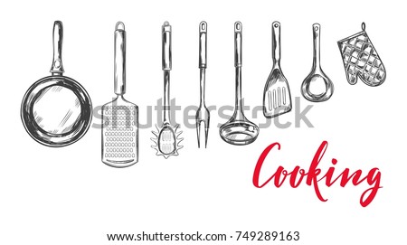Stock Vector Kitchen Utensil Tools Set Cooking Concept Vector Hand Drawn Illustrations In Sketch Style 749289163 