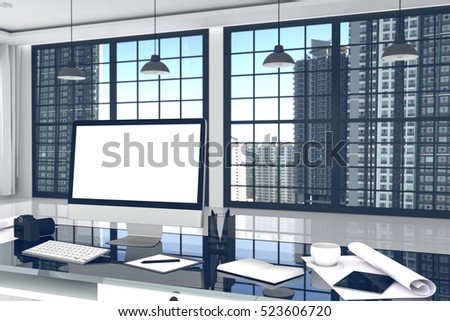 stock photo  d rendering illustration close up of creative designer office desktop with blank computer 523606720