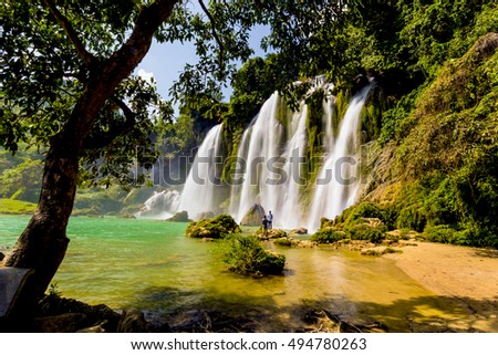 Ban Gioc waterfall in Cao Bang, Viet Nam - The waterfalls are located in an area of mature karst formations were the original limestone bedrock layers are being eroded
