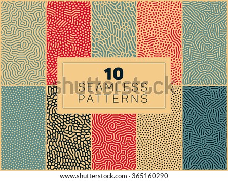 Set of Ten Vector Seamless Organic Rounded Lines And Drips Biological Patterns In Blue Red and Tan Colors Abstract Background