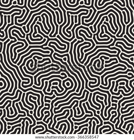 Vector Seamless Black and White Wavy Organic Rounded Line Maze Coral Pattern Abstract Background