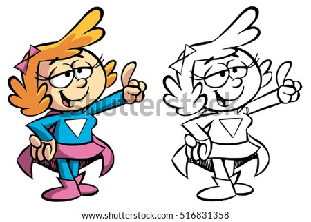 superhero pink cape outfit wearing skirt blonde eyes cartoon woman hair smiling shutterstock portfolio pointing ribbon included boots left line