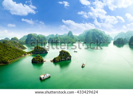 HALONG bay in vietnam. UNESCO World Heritage Site. This view from TiTop island and its most popular view for travel in Halong bay.