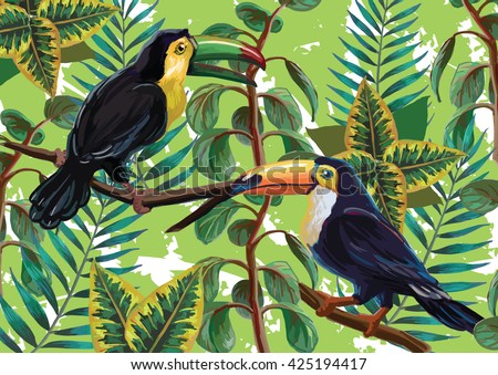 Vector painting with tropical birds and plants on green background. EPS8 file.