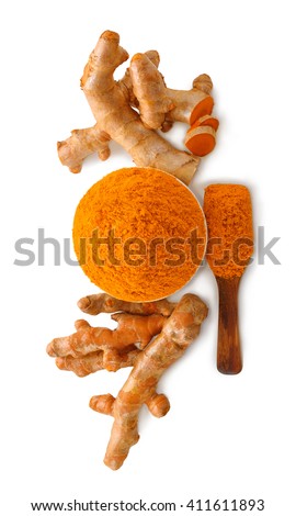 Turmeric roots with turmeric powder on white background
