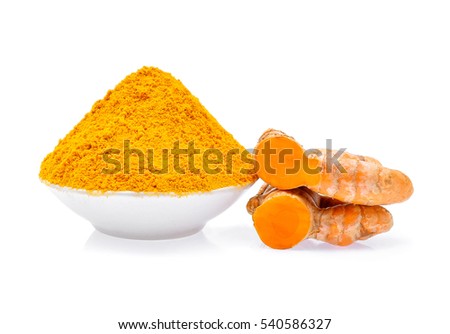 Turmeric roots with turmeric powder on white background