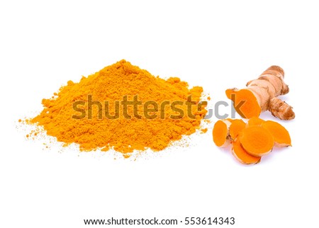Turmeric roots and turmeric powder on white background