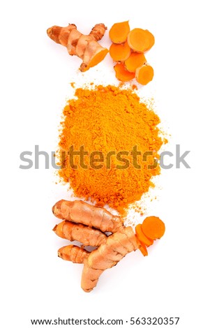 Turmeric roots and turmeric powder on white background,top view