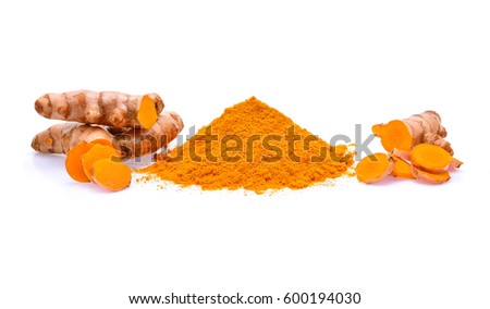Turmeric roots and turmeric powder on white background