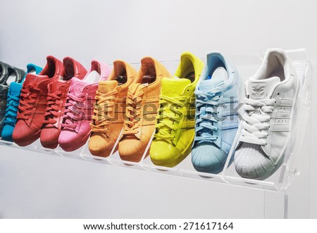 Moscow, Russia - April 19, 2015: Adidas Originals sneakers in a shoe store in Moscow. Adidas, the German industrial group specializing in the production of sports shoes, clothing and ekuipment