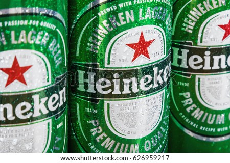 Moscow, Russia - April 13, 2017: Heineken beer global brand. Heineken Lager Beer is the flagship product of Heineken