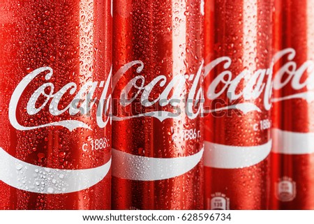 Moscow, Russia - April 13, 2017: Coca Cola in a tin can. Coca-Cola is a carbonated non-alcoholic beverage sold all over the world