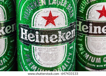 Moscow, Russia - April 13, 2017: Heineken beer global brand. Heineken Lager Beer is the flagship product of Heineken