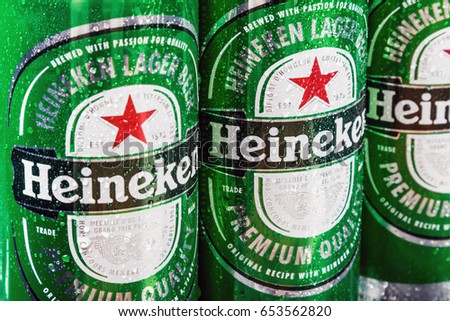 Moscow, Russia - April 13, 2017: Heineken beer global brand. Heineken Lager Beer is the flagship product of Heineken