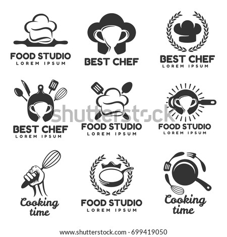 Restaurant Kitchen Toolste cooking logos set food studio vector stock vector 699419050 Restaurant Kitchen Toolste cooking logos set food studio vector stock vector 699419050