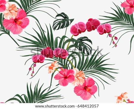Beautiful seamless vector floral summer pattern background with tropical palm leaves, orchid, hibiscus. Perfect for wallpapers, web page backgrounds, surface textures, textile.