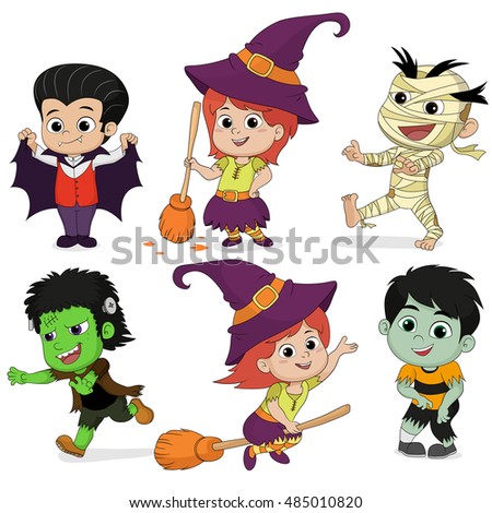 stock vector happy halloween set of cute cartoon children in colorful halloween costumes witches dragula mummy 485010820
