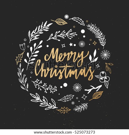Merry Christmas. Christmas calligraphy with hand drawn decorative wreath in vintage style with gold texture.