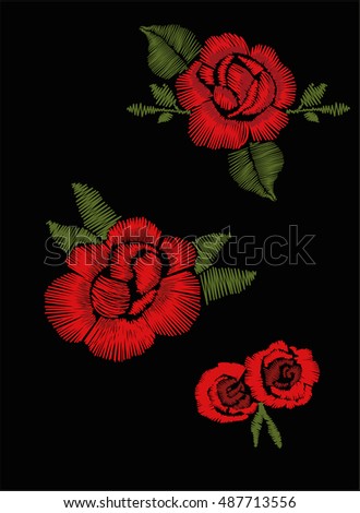 Red Roses Embroidery Stock Vector 487713556 - Shutterstock