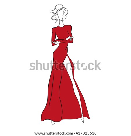 stock vector vector fashion sketch beautiful model standing in long gorgeous red dress with high cut long 417325618