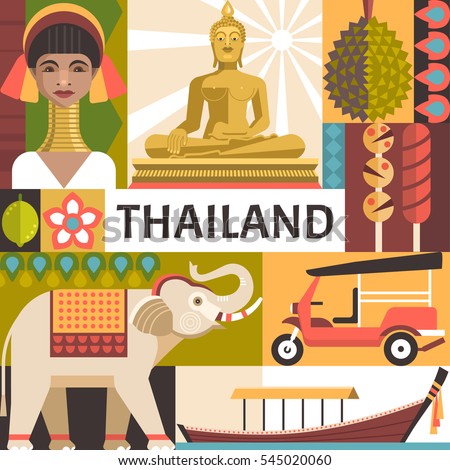 Thailand travel poster concept. Vector illustration with Thai culture and food icons, including golden statue of Buddha, a woman from the long neck village, elephant, boat, tuk tuk and durian.