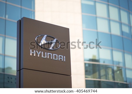 MILAN, ITALY - APRIL 14, 2016: Logotype of Hyundai corporation in front of the Headquarter Building in Milan