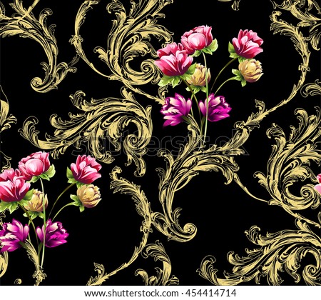 Baroque pattern with gold scrolls and bouquet of tulip flowers on black