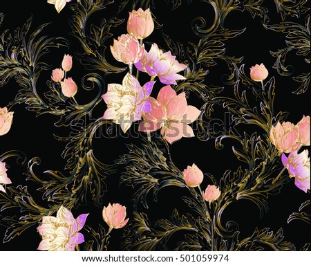 Baroque pattern with bouquets of tulips and lily and classic swirls on black background